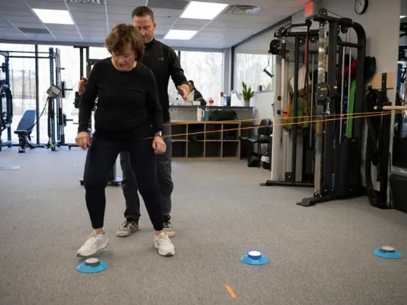 Balance training with a physical therapist at Greiner Physical Therapy in Speonk, NY