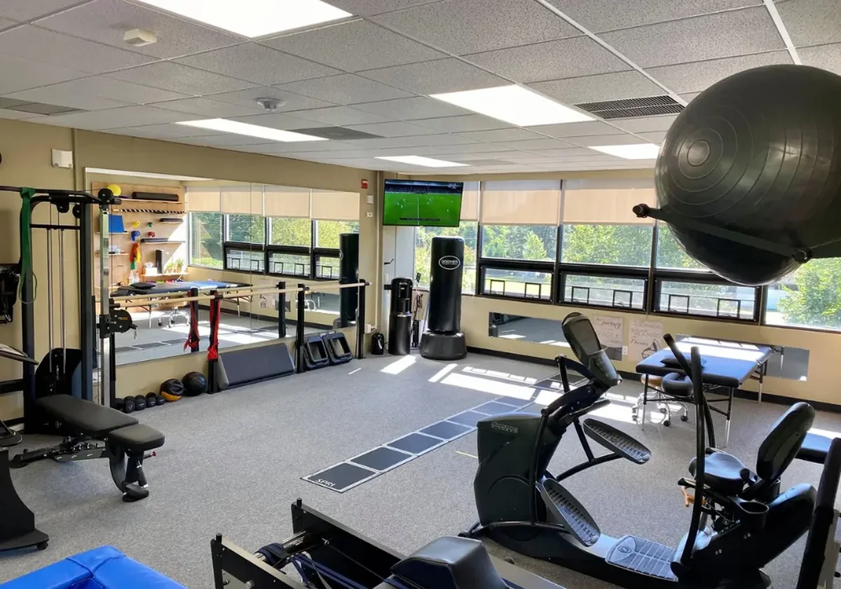 Sunlit gym floor with equipment lined along the windows