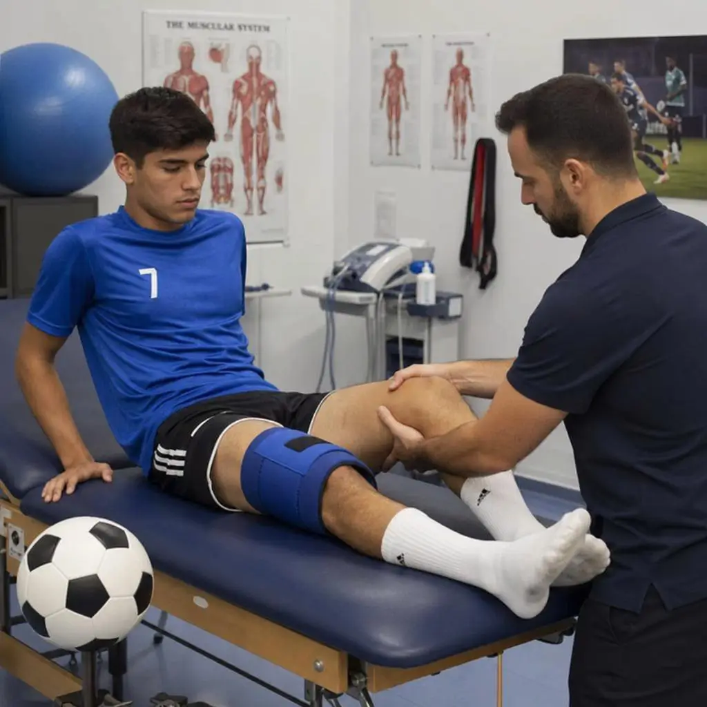 A physical therapist examining a young soccer player&rsquo;s knee on a treatment table