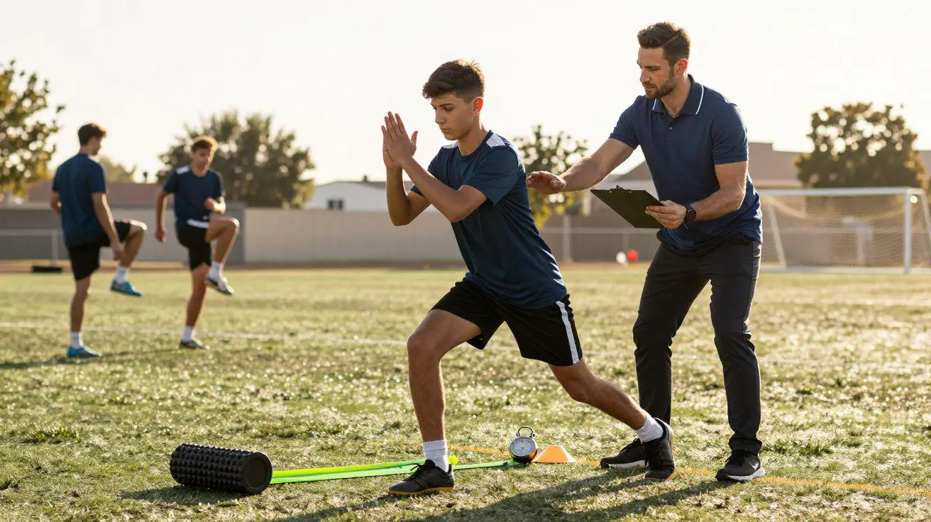 A physical therapist coaching a teenage soccer player through a lunge drill on a sports field